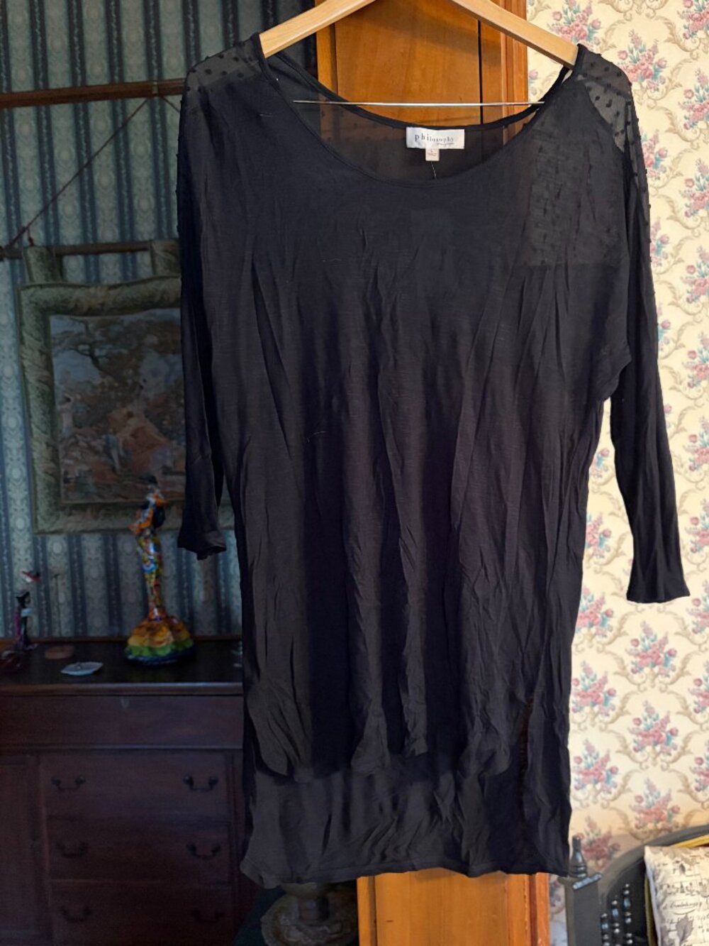 NWT Philosophy Republic Clothing Black Sheer Polka Dot 3/4 Sleeve Top Tunic L
